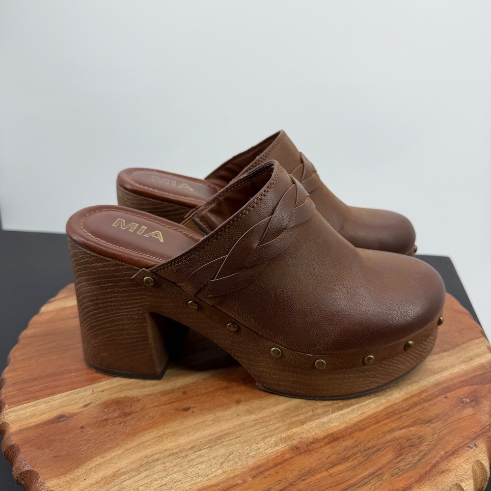 MIA Ravine Platform Clog Women 8 Brown Braided Studded Wood Heel Mule MH2074MM - Picture 1 of 9